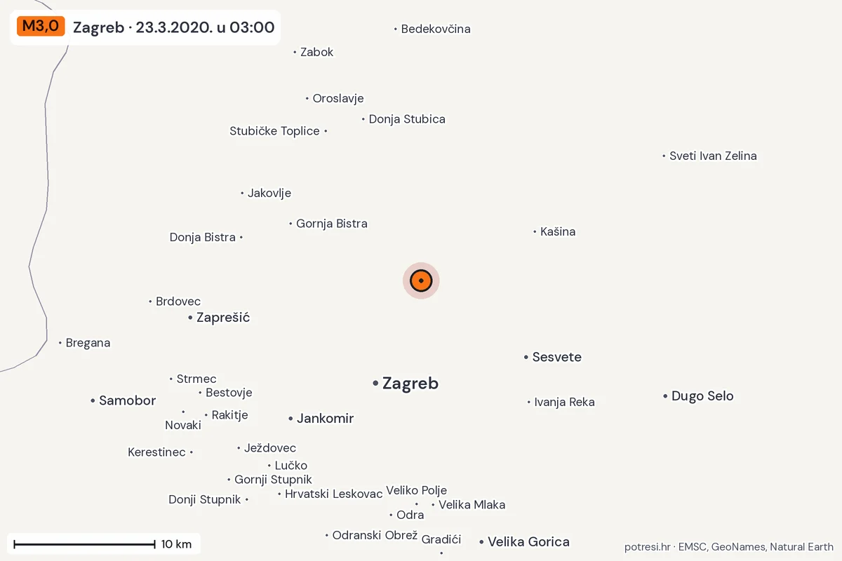 Karta: okolica epicentra, 60 km, potres M3,0, Zagreb, 23.3.2020.