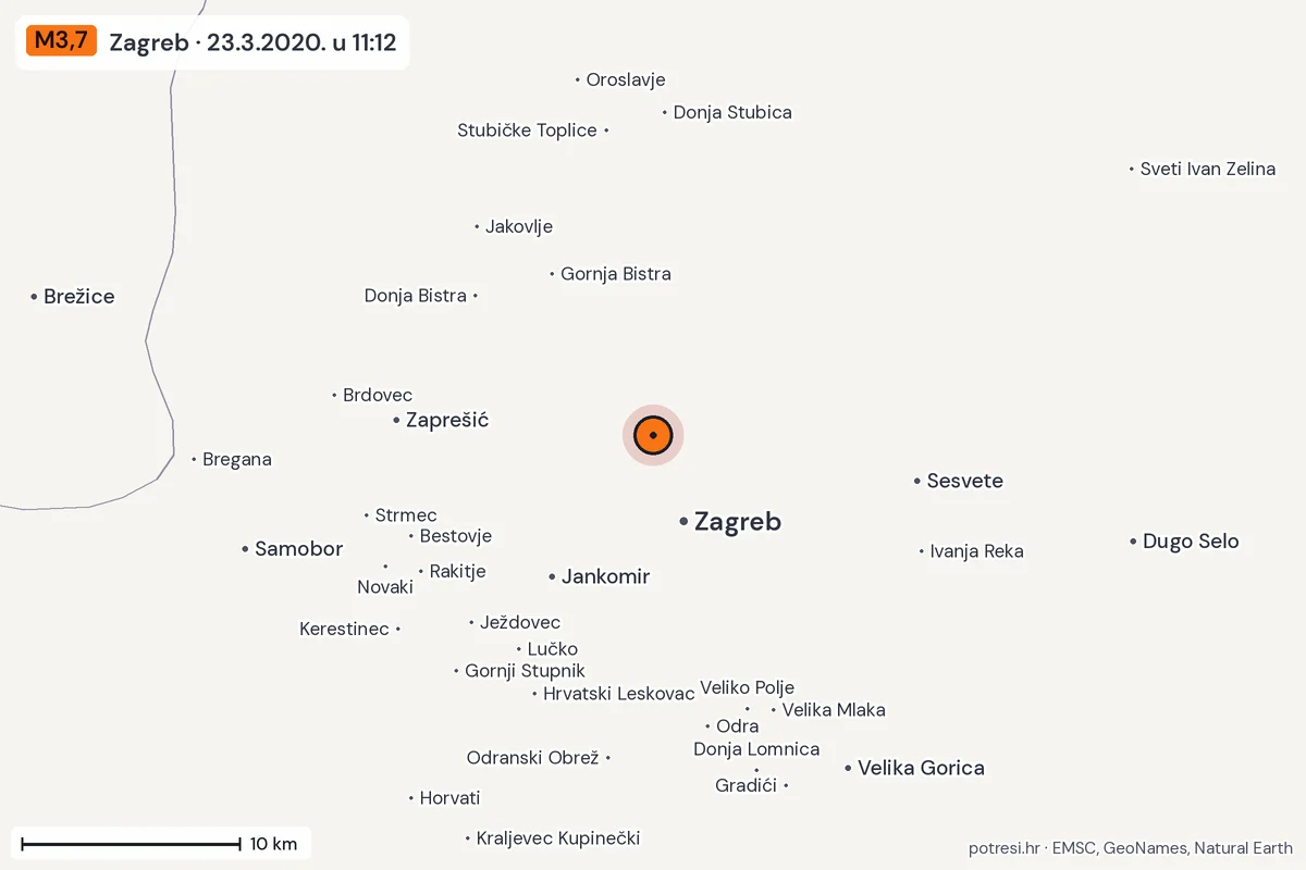 Karta: okolica epicentra, 60 km, potres M3,7, Zagreb, 23.3.2020.