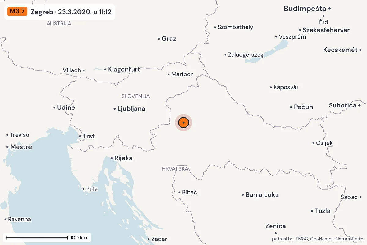 Karta: šire područje, 600 km, potres M3,7, Zagreb, 23.3.2020.