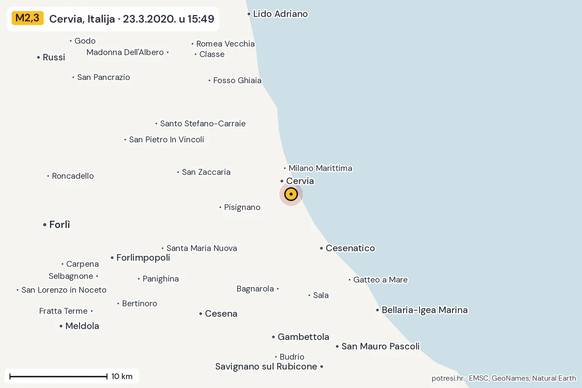 Karta: okolica epicentra, 60 km, potres M2,3, Cervia, Italija, 23.3.2020.