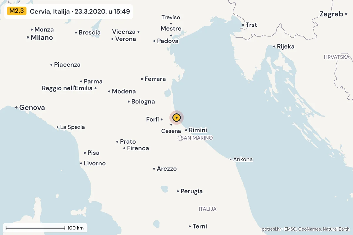Karta: šire područje, 600 km, potres M2,3, Cervia, Italija, 23.3.2020.