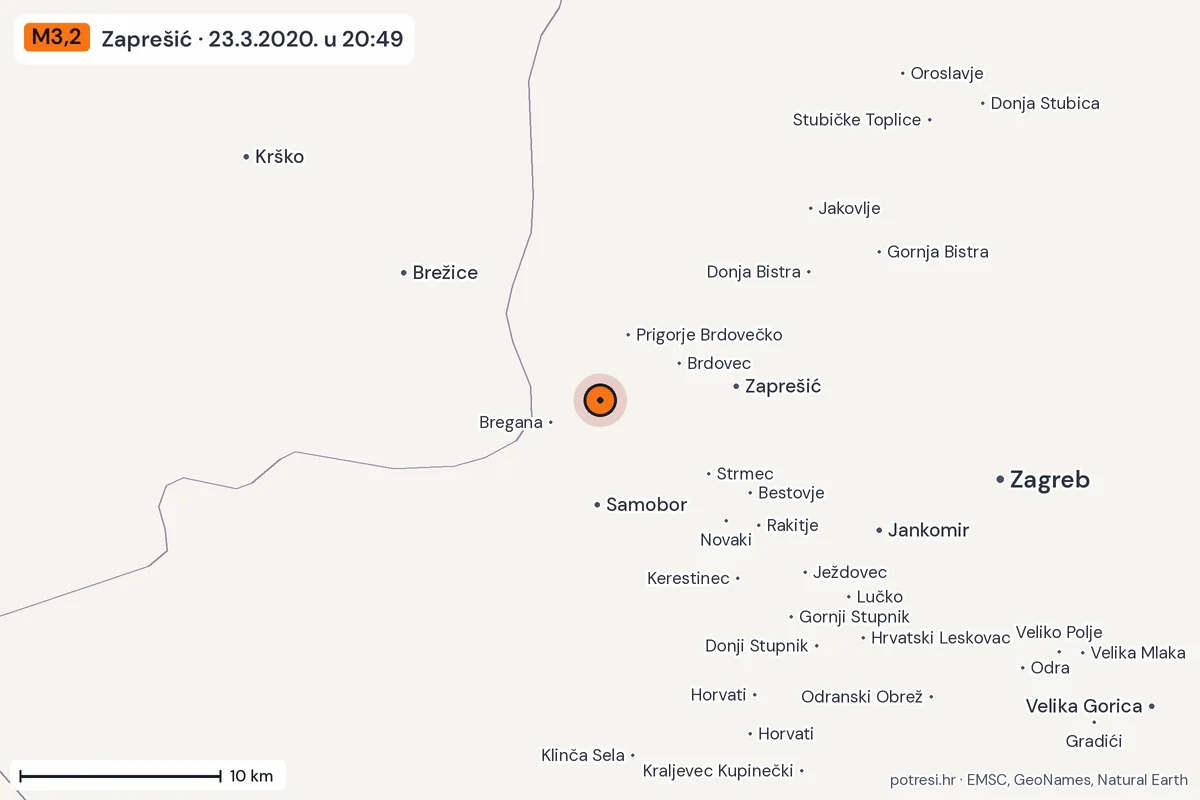 Karta: okolica epicentra, 60 km, potres M3,2, Zaprešić, 23.3.2020.