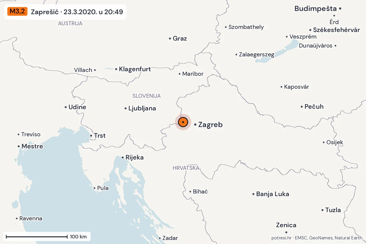 Karta: šire područje, 600 km, potres M3,2, Zaprešić, 23.3.2020.