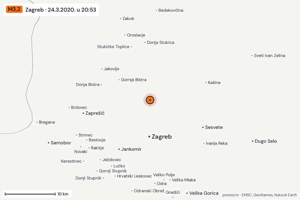 Karta: okolica epicentra, 60 km, potres M3,2, Zagreb, 24.3.2020.