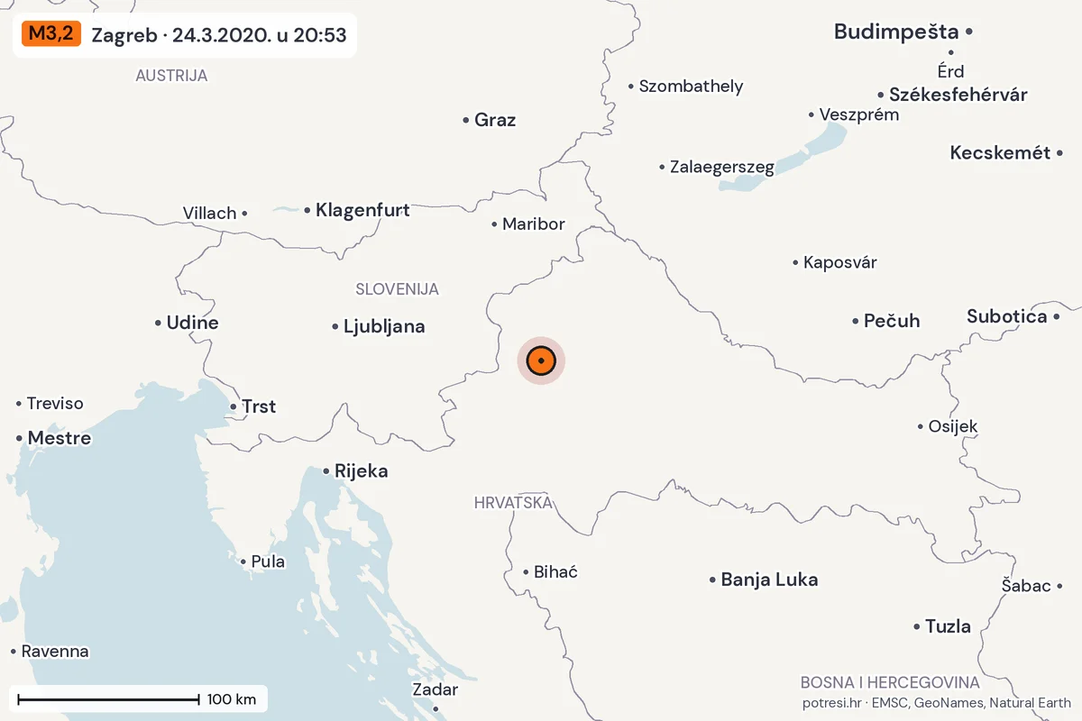 Karta: šire područje, 600 km, potres M3,2, Zagreb, 24.3.2020.