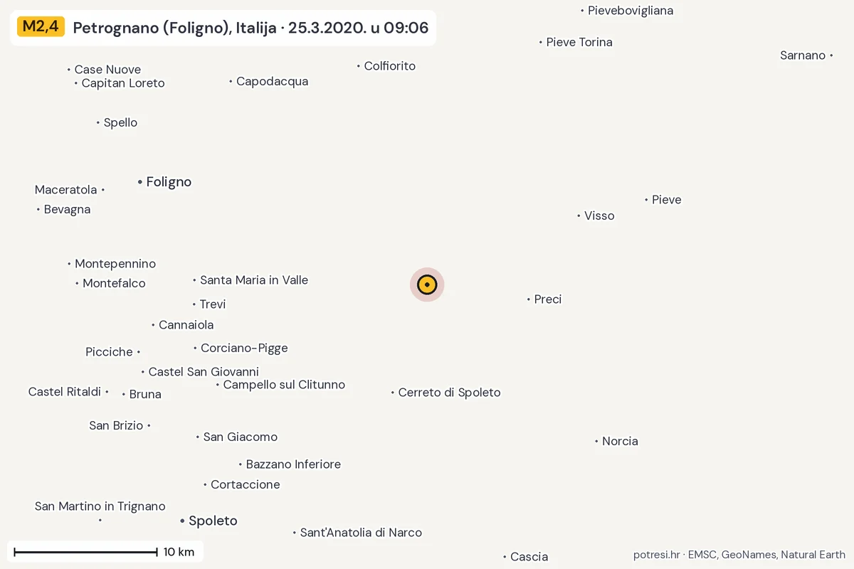 Karta: okolica epicentra, 60 km, potres M2,4, Petrognano (Foligno), Italija, 25.3.2020.
