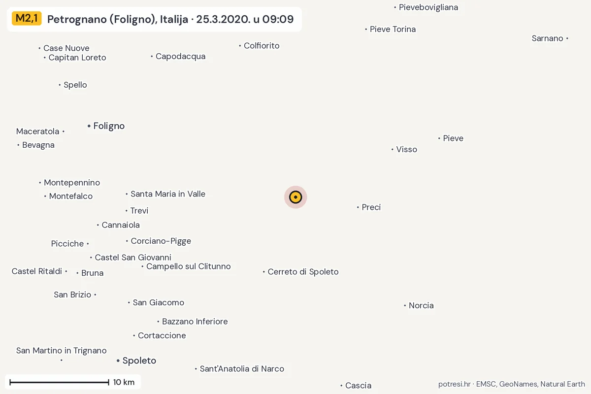 Karta: okolica epicentra, 60 km, potres M2,1, Petrognano (Foligno), Italija, 25.3.2020.