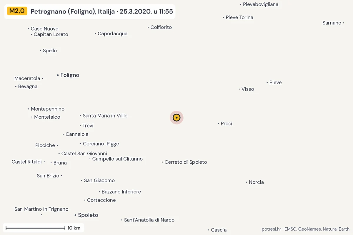 Karta: okolica epicentra, 60 km, potres M2,0, Petrognano (Foligno), Italija, 25.3.2020.