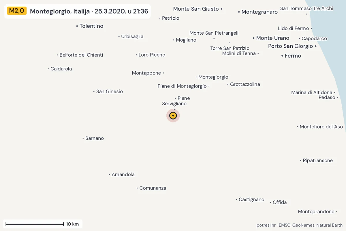 Karta: okolica epicentra, 60 km, potres M2,0, Montegiorgio, Italija, 25.3.2020.