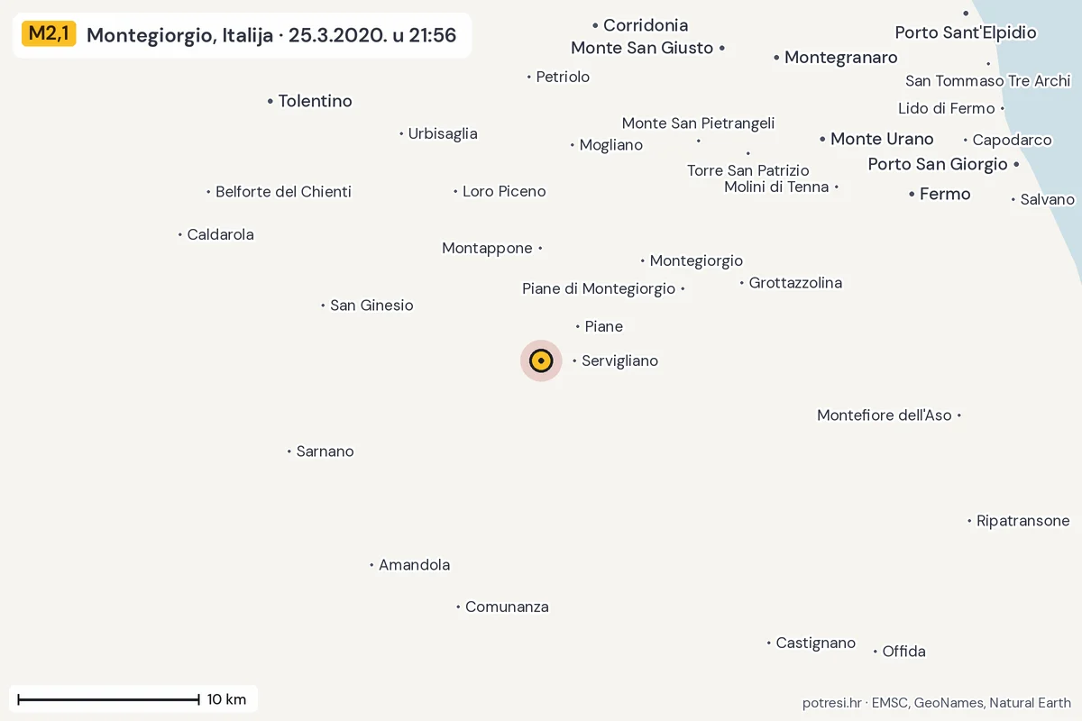 Karta: okolica epicentra, 60 km, potres M2,1, Montegiorgio, Italija, 25.3.2020.