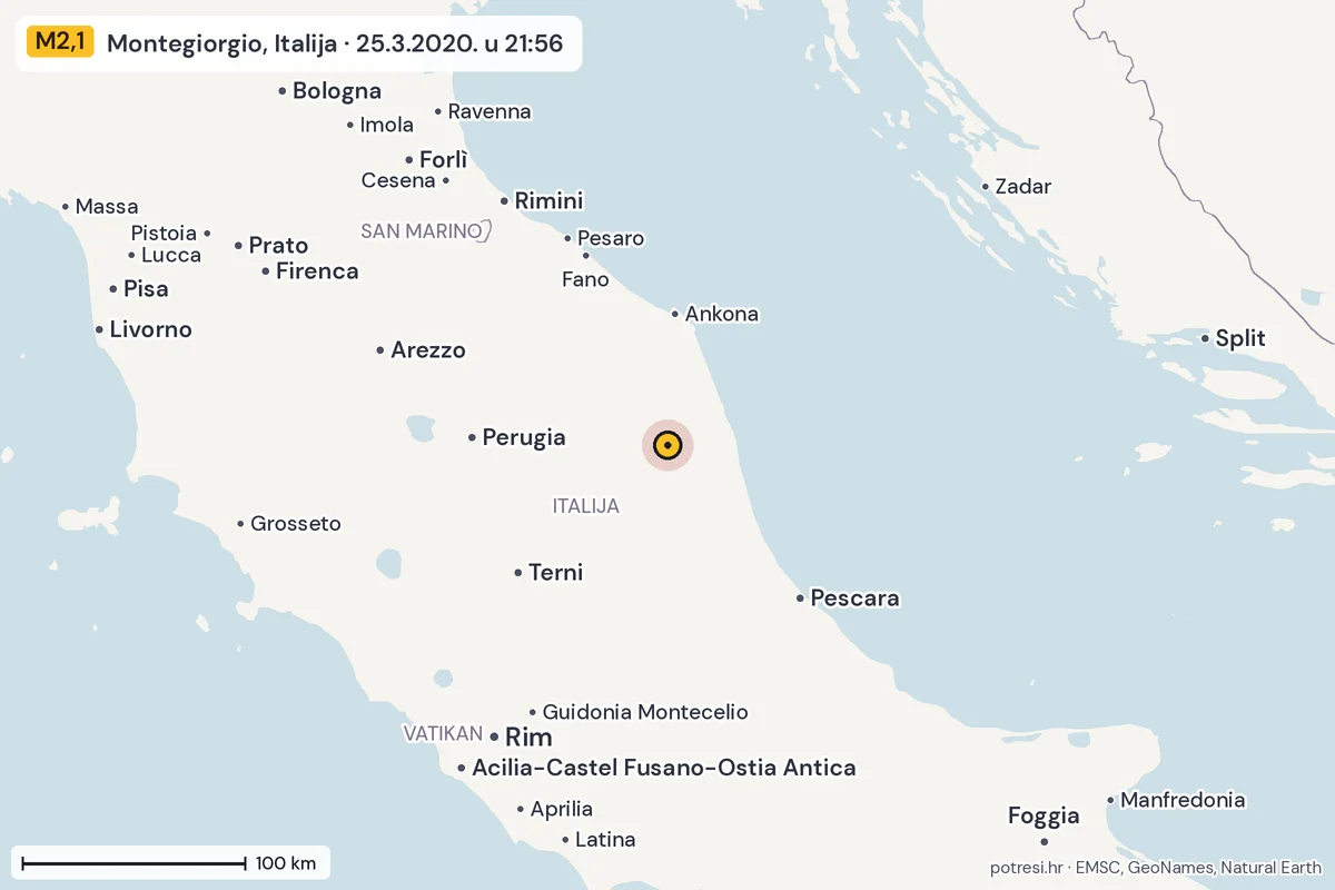 Karta: šire područje, 600 km, potres M2,1, Montegiorgio, Italija, 25.3.2020.