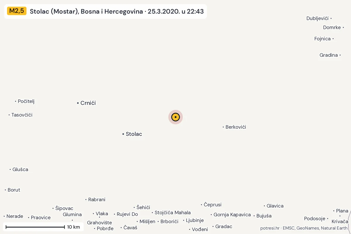 Karta: okolica epicentra, 60 km, potres M2,5, Stolac (Mostar), Bosna i Hercegovina, 25.3.2020.
