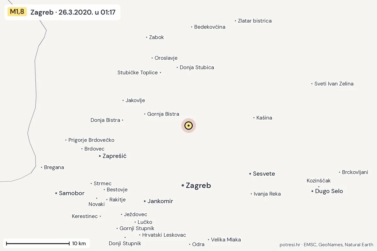 Karta: okolica epicentra, 60 km, potres M1,8, Zagreb, 26.3.2020.