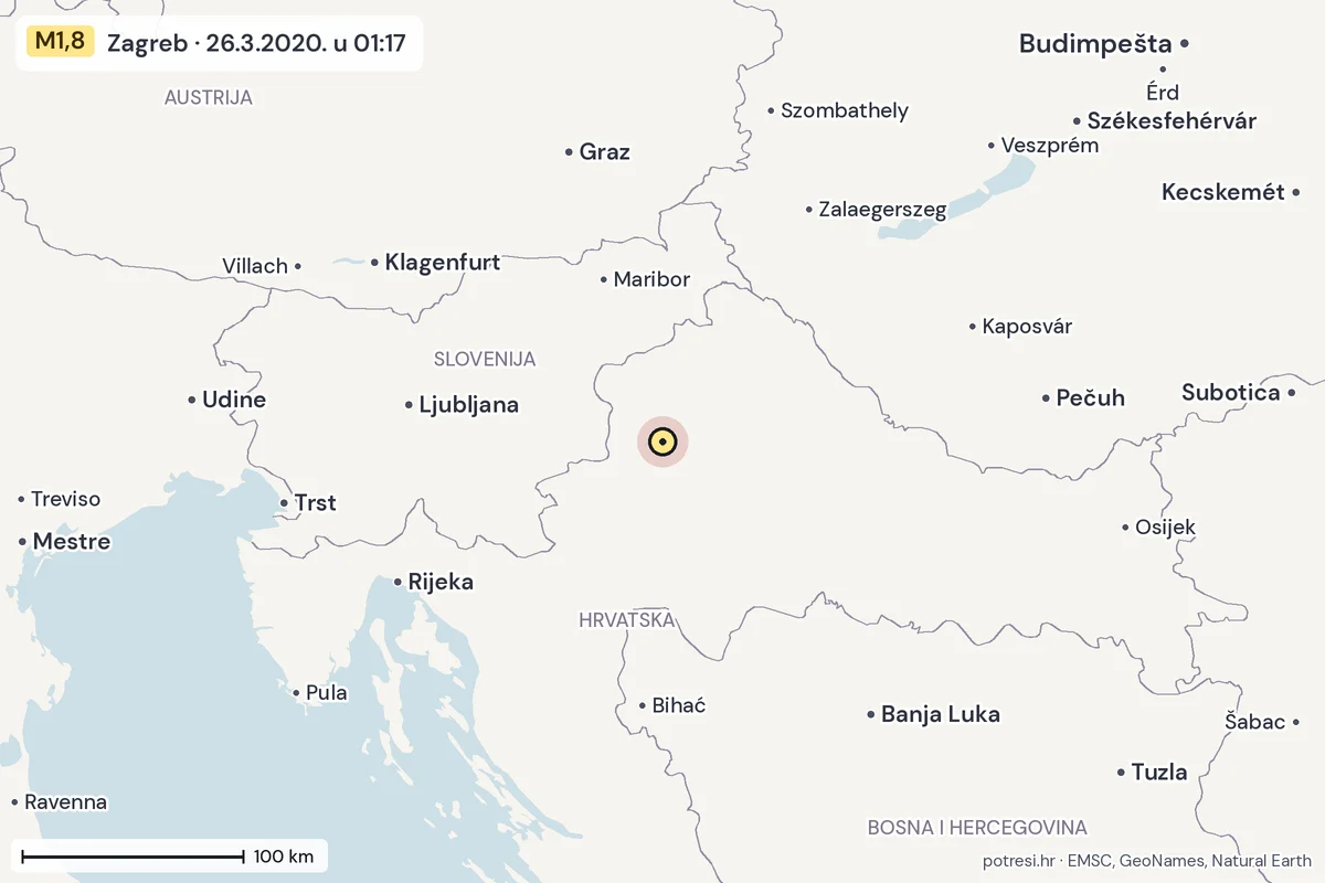 Karta: šire područje, 600 km, potres M1,8, Zagreb, 26.3.2020.