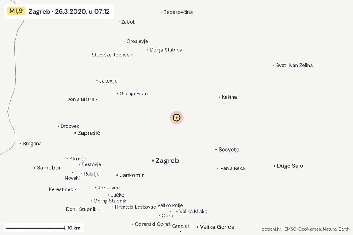 Karta: okolica epicentra, 60 km, potres M1,9, Zagreb, 26.3.2020.