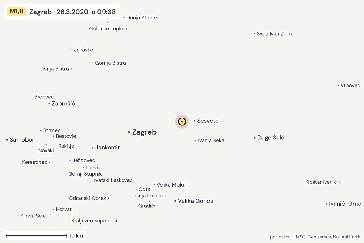 Karta: okolica epicentra, 60 km, potres M1,8, Zagreb, 26.3.2020.
