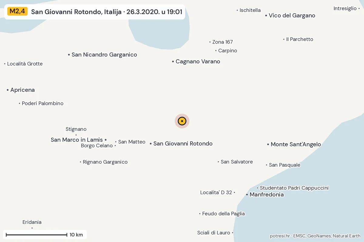 Karta: okolica epicentra, 60 km, potres M2,4, San Giovanni Rotondo, Italija, 26.3.2020.