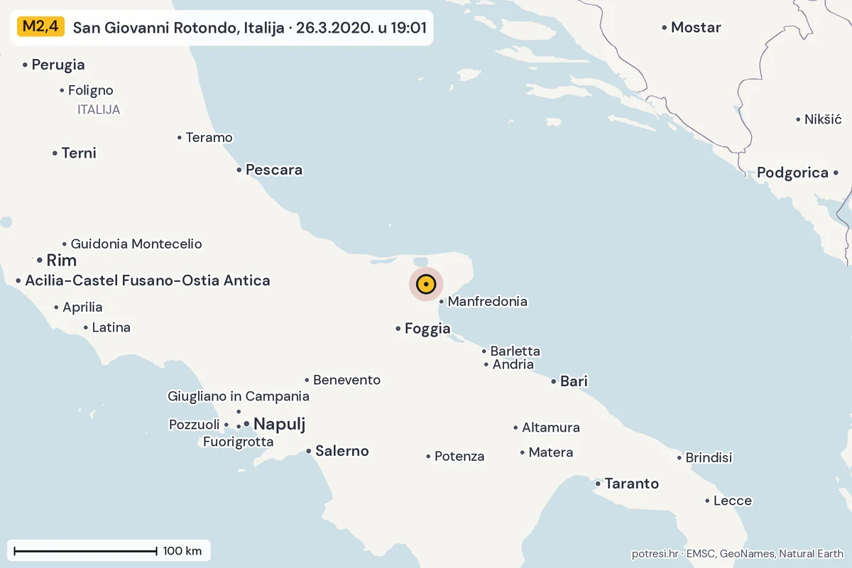 Karta: šire područje, 600 km, potres M2,4, San Giovanni Rotondo, Italija, 26.3.2020.