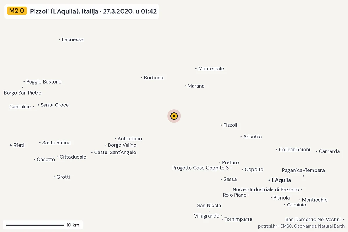 Karta: okolica epicentra, 60 km, potres M2,0, Pizzoli (L'Aquila), Italija, 27.3.2020.
