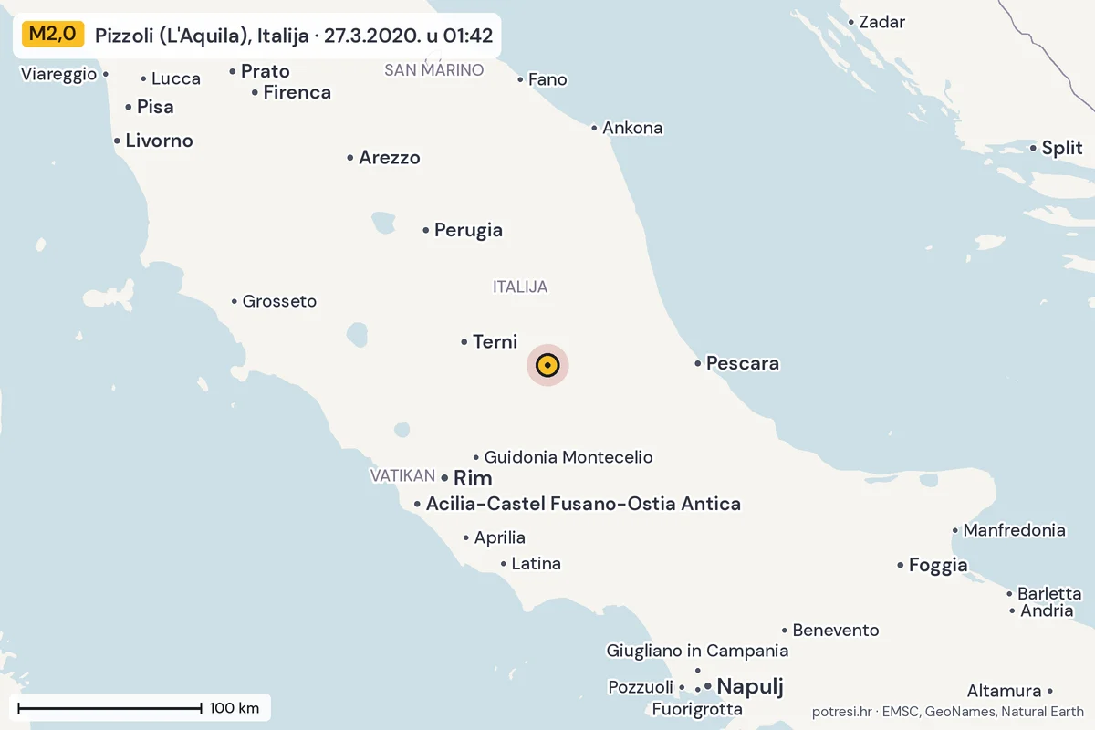Karta: šire područje, 600 km, potres M2,0, Pizzoli (L'Aquila), Italija, 27.3.2020.