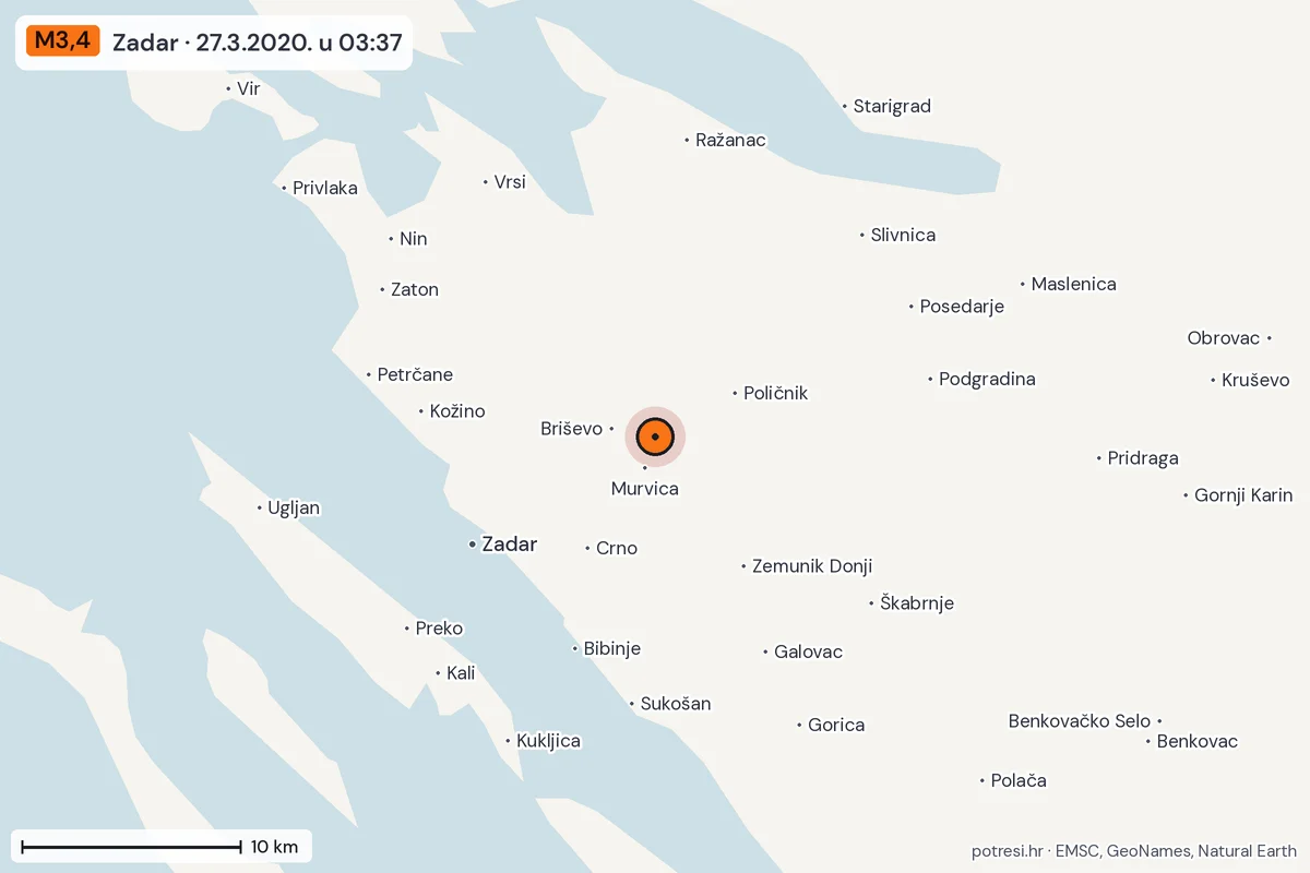 Karta: okolica epicentra, 60 km, potres M3,4, Zadar, 27.3.2020.