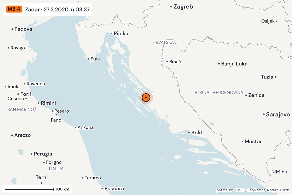 Karta: šire područje, 600 km, potres M3,4, Zadar, 27.3.2020.
