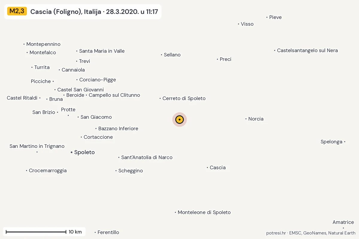 Karta: okolica epicentra, 60 km, potres M2,3, Cascia (Foligno), Italija, 28.3.2020.
