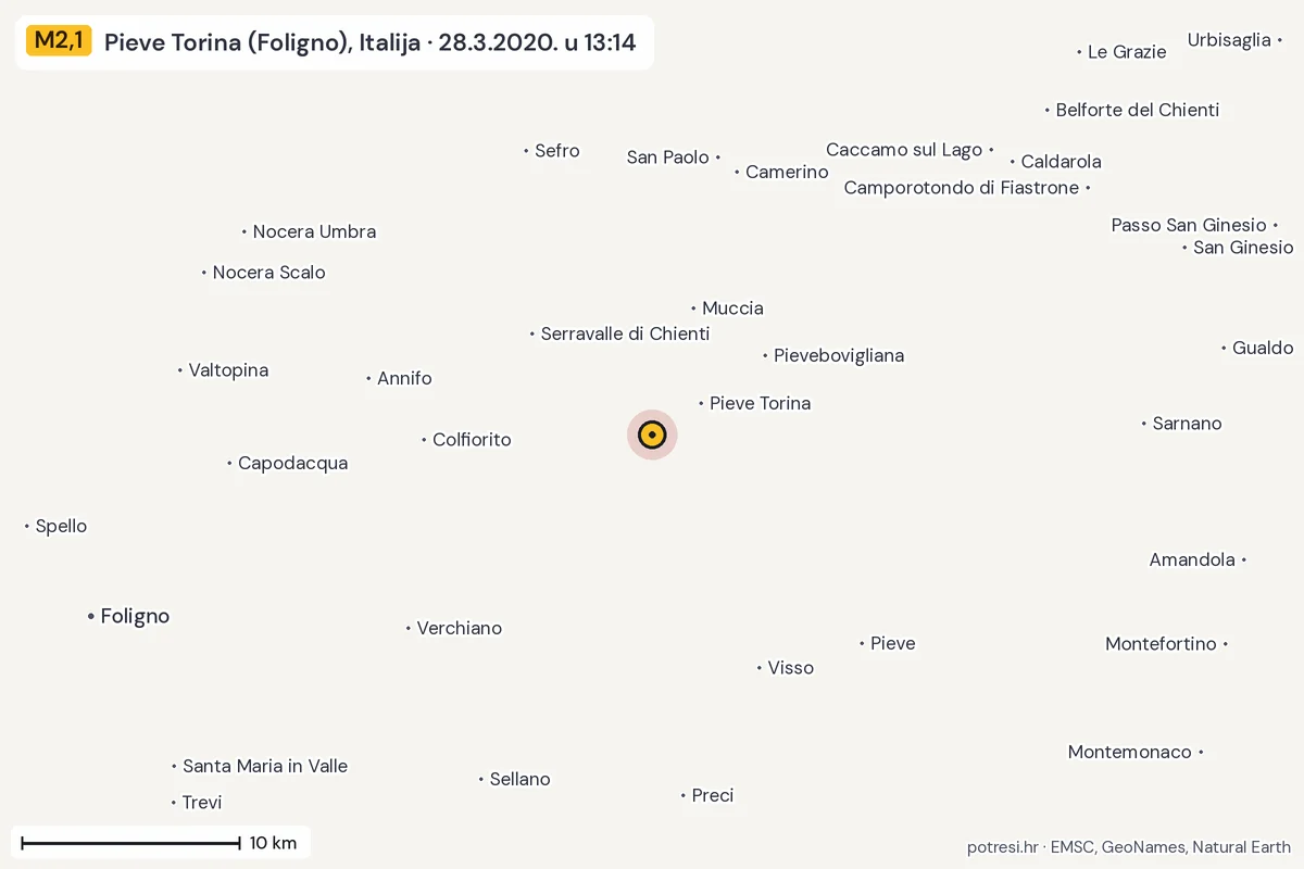 Karta: okolica epicentra, 60 km, potres M2,1, Pieve Torina (Foligno), Italija, 28.3.2020.