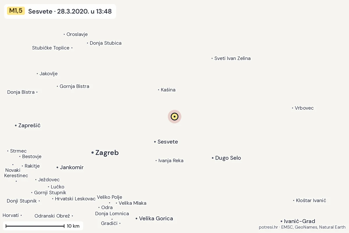 Karta: okolica epicentra, 60 km, potres M1,5, Sesvete, 28.3.2020.