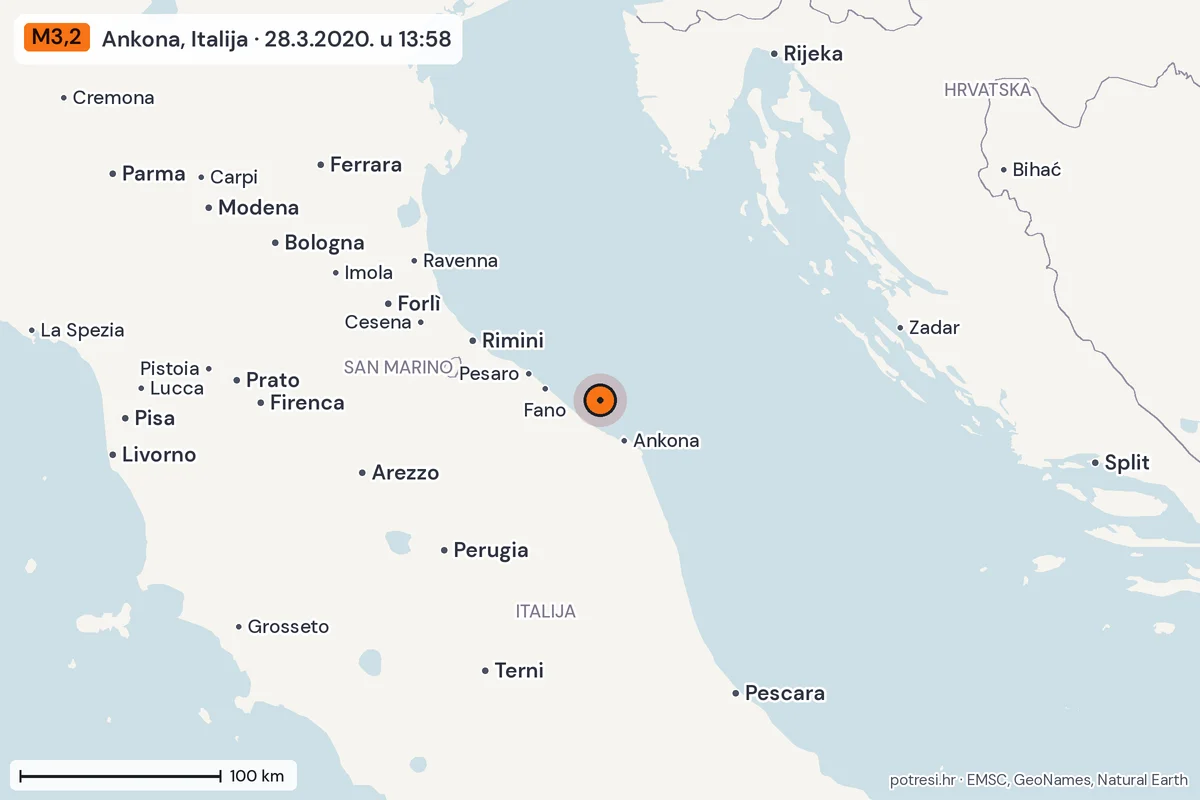 Karta: šire područje, 600 km, potres M3,2, Ankona, Italija, 28.3.2020.