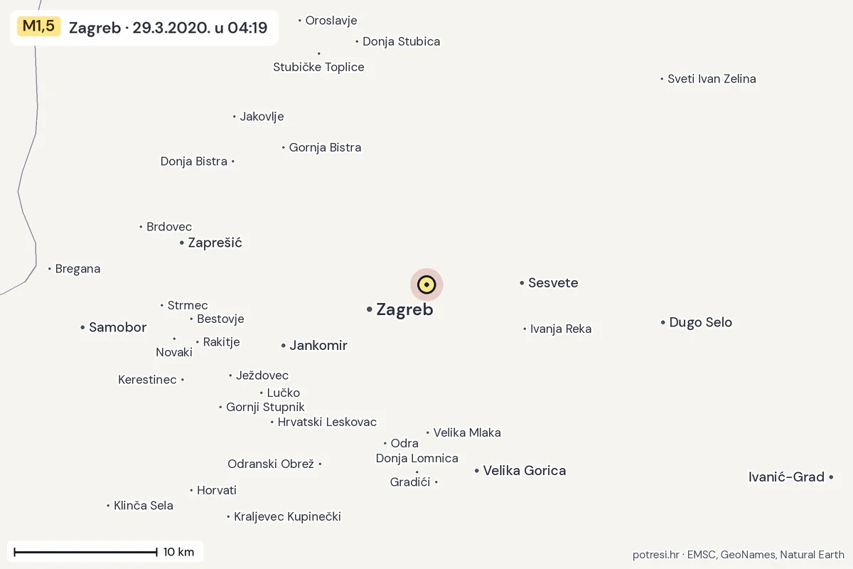 Karta: okolica epicentra, 60 km, potres M1,5, Zagreb, 29.3.2020.