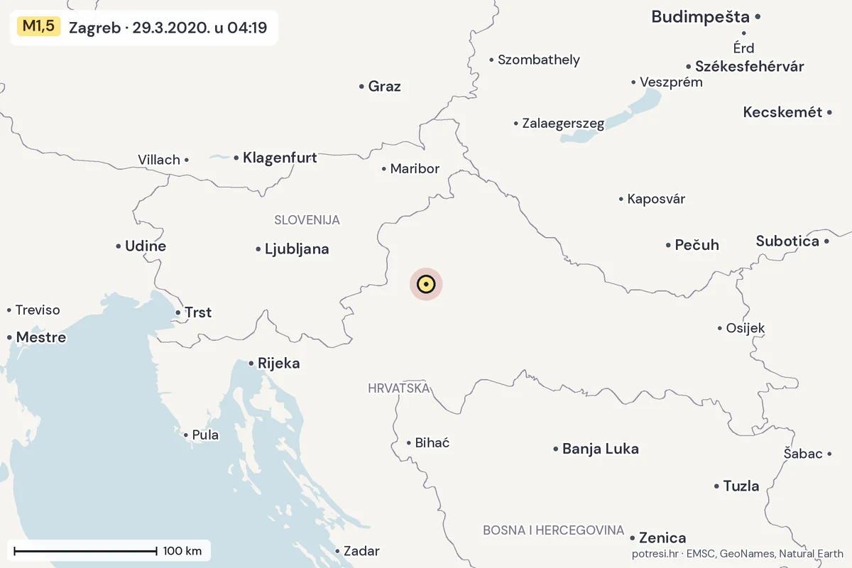 Karta: šire područje, 600 km, potres M1,5, Zagreb, 29.3.2020.