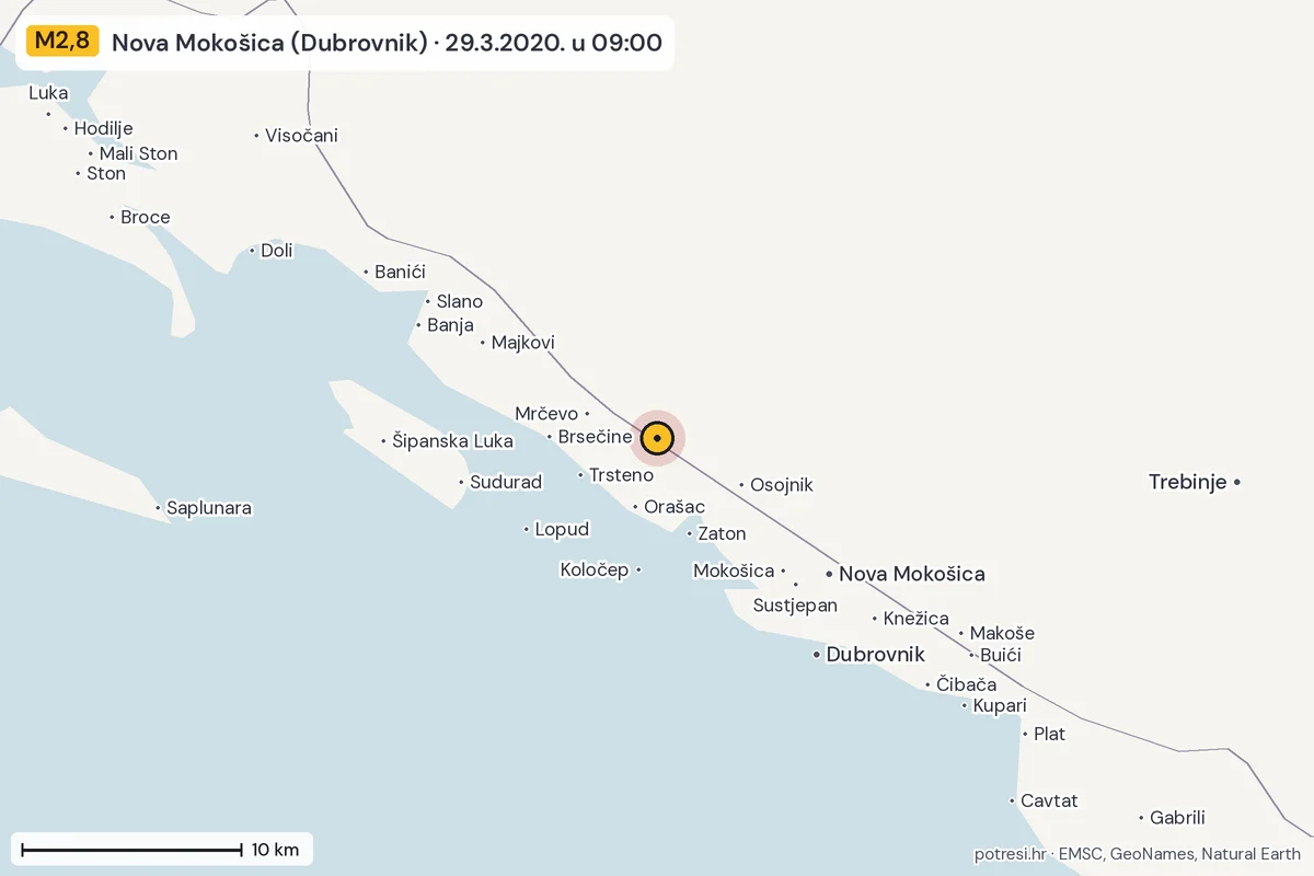 Karta: okolica epicentra, 60 km, potres M2,8, Nova Mokošica (Dubrovnik), 29.3.2020.