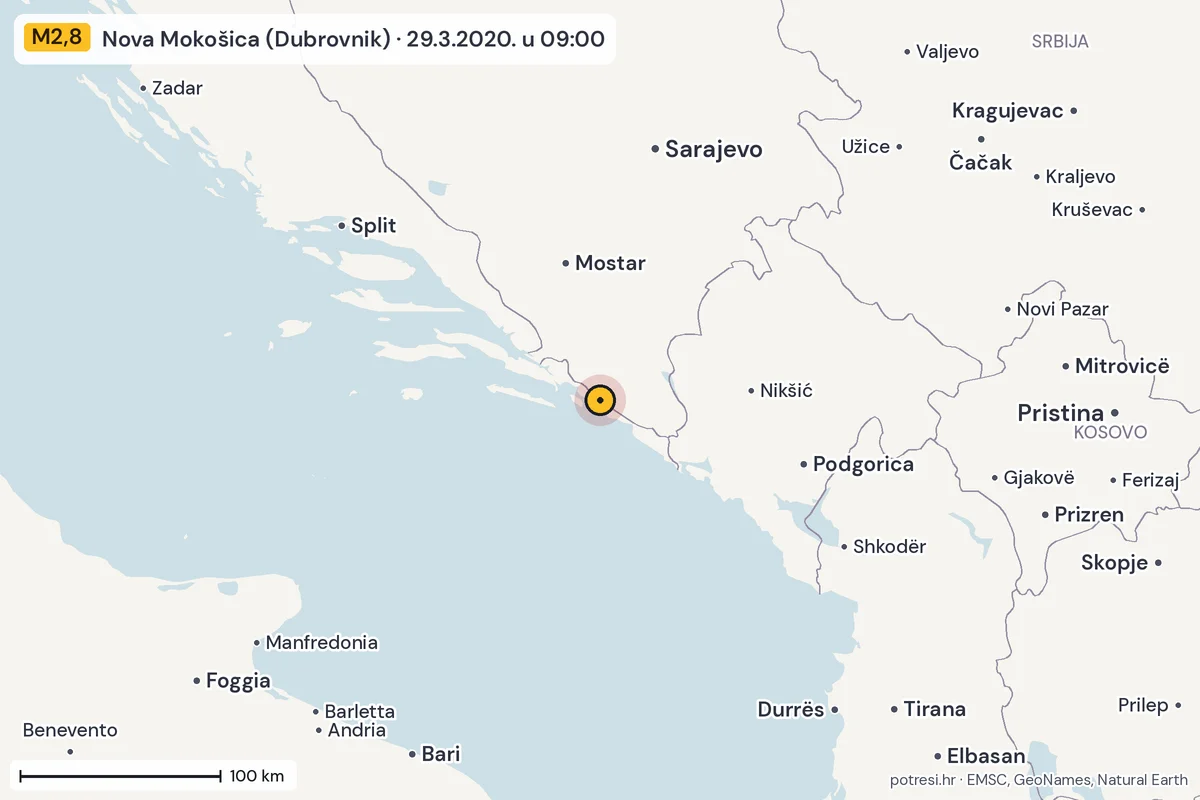 Karta: šire područje, 600 km, potres M2,8, Nova Mokošica (Dubrovnik), 29.3.2020.