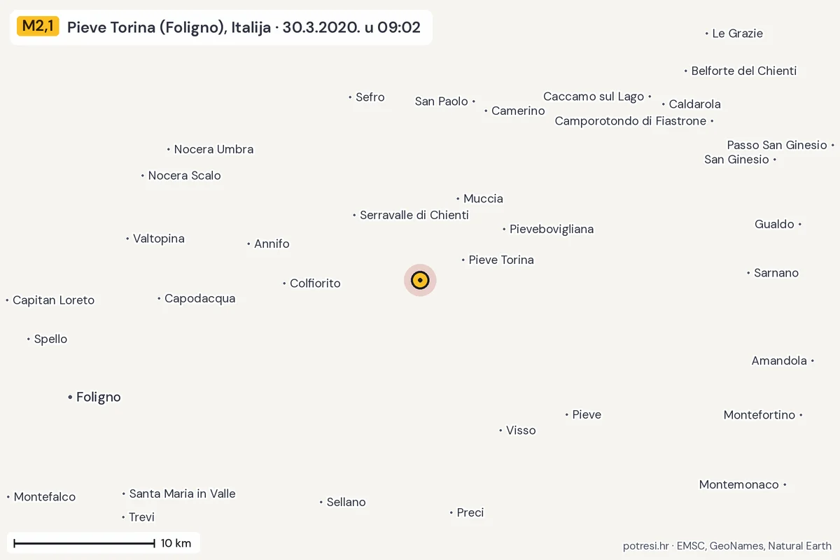 Karta: okolica epicentra, 60 km, potres M2,1, Pieve Torina (Foligno), Italija, 30.3.2020.