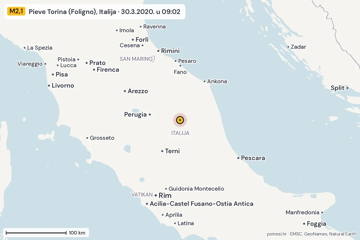 Karta: šire područje, 600 km, potres M2,1, Pieve Torina (Foligno), Italija, 30.3.2020.