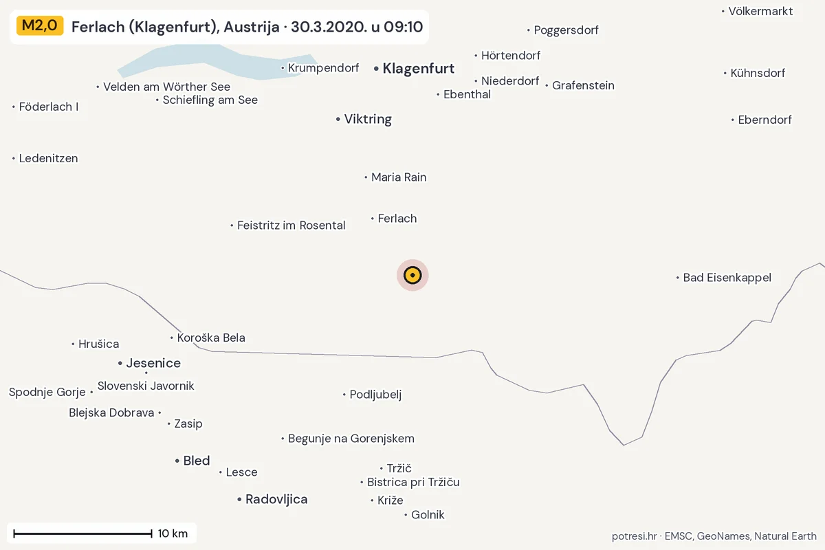 Karta: okolica epicentra, 60 km, potres M2,0, Ferlach (Klagenfurt), Austrija, 30.3.2020.