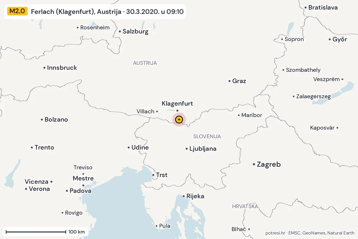 Karta: šire područje, 600 km, potres M2,0, Ferlach (Klagenfurt), Austrija, 30.3.2020.