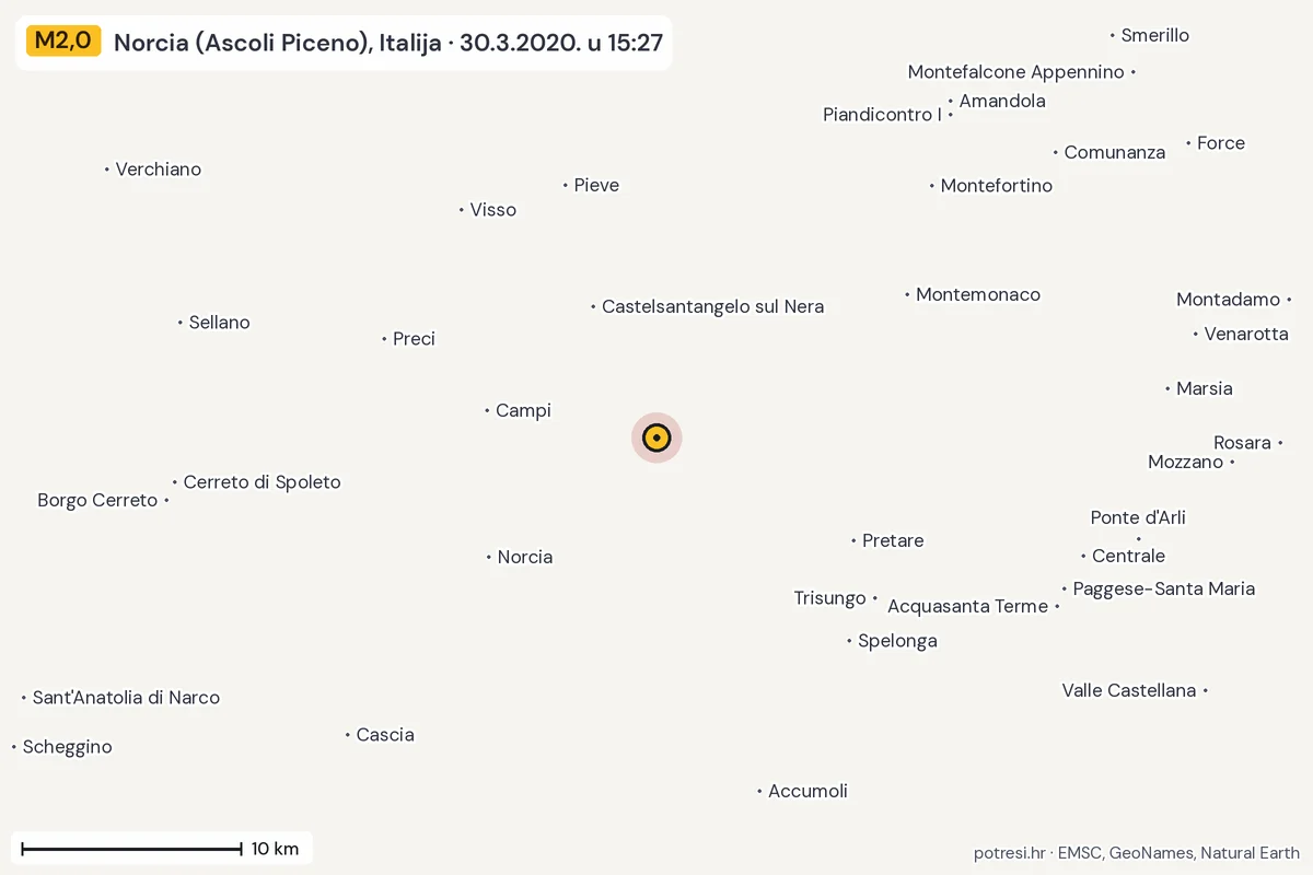 Karta: okolica epicentra, 60 km, potres M2,0, Norcia (Ascoli Piceno), Italija, 30.3.2020.