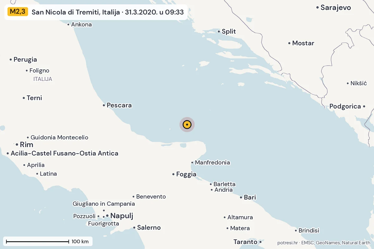 Karta: šire područje, 600 km, potres M2,3, San Nicola di Tremiti, Italija, 31.3.2020.