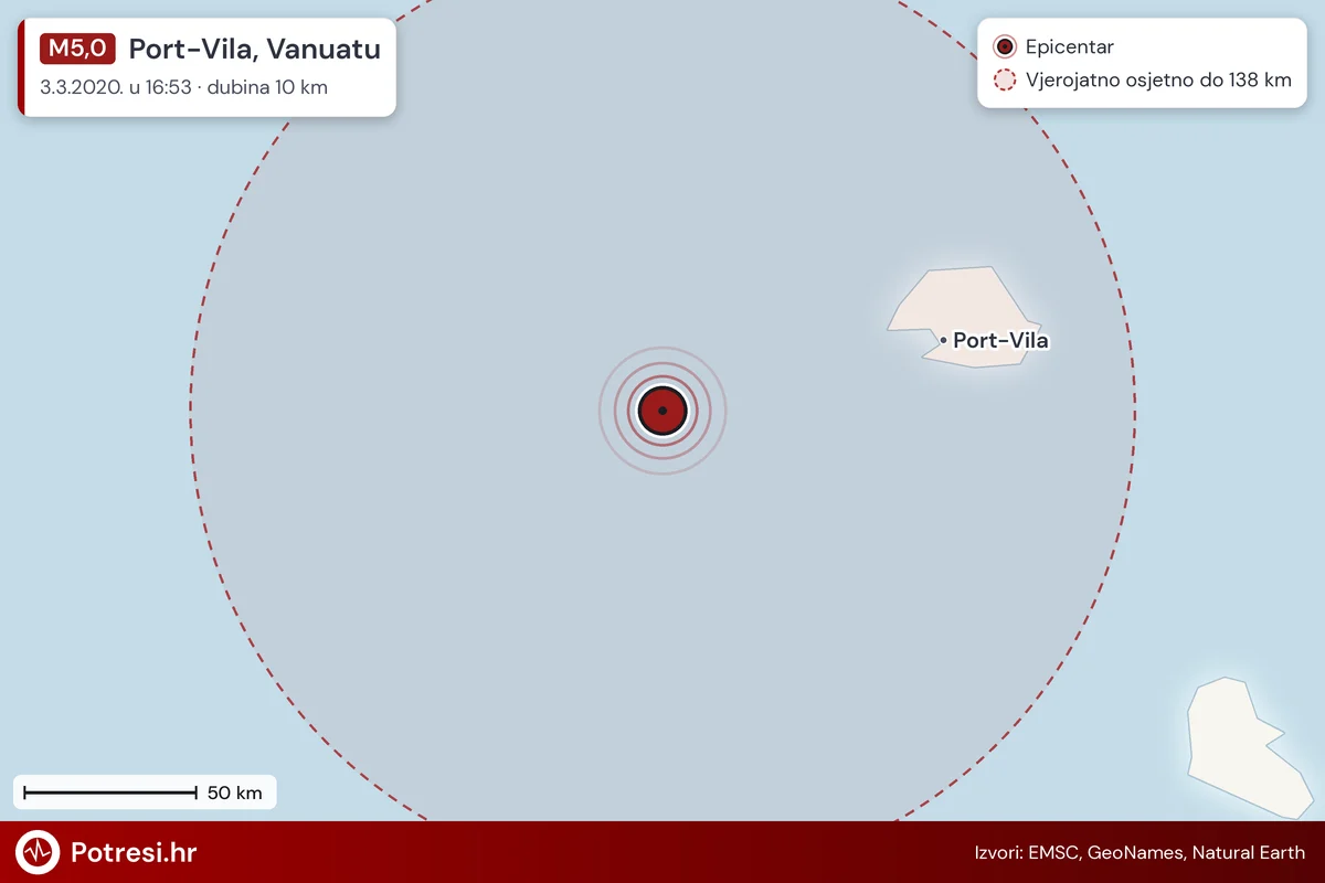 Karta: šire područje i vjerojatni doseg osjeta, potres M5,0, Port-Vila, Vanuatu, 3.3.2020.