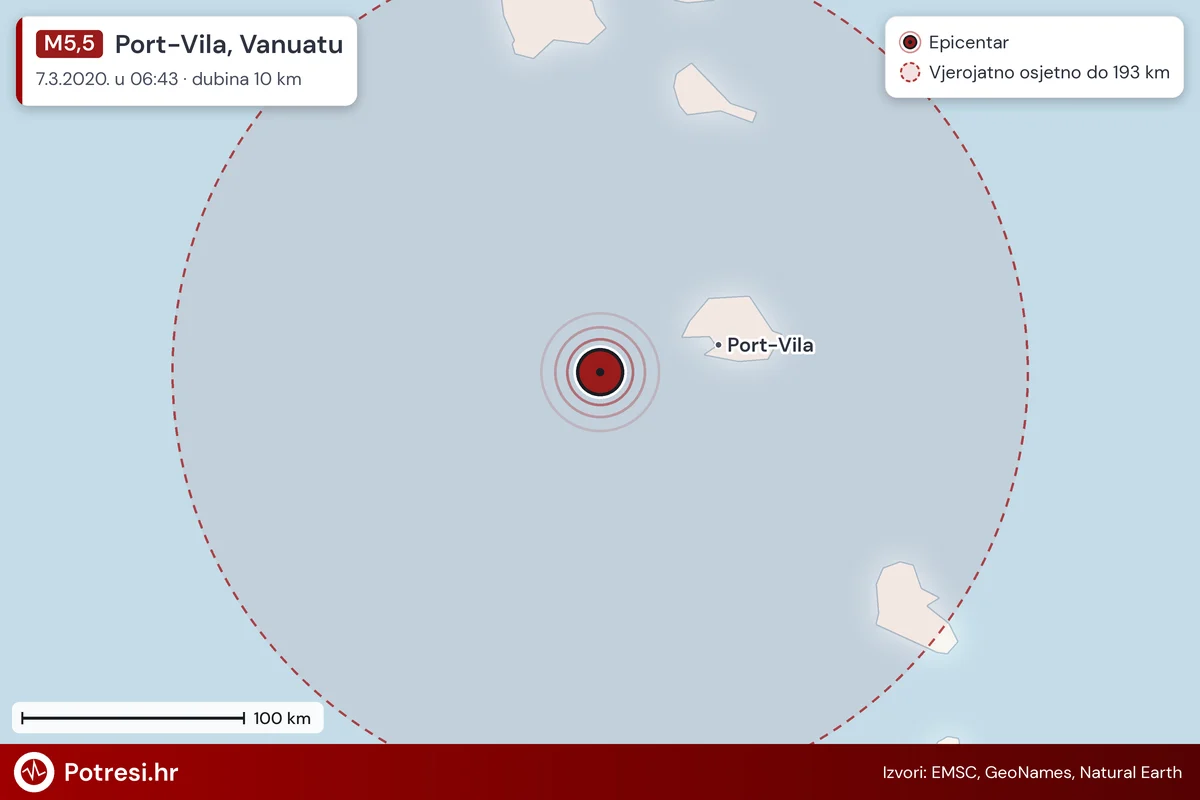 Karta: šire područje i vjerojatni doseg osjeta, potres M5,5, Port-Vila, Vanuatu, 7.3.2020.