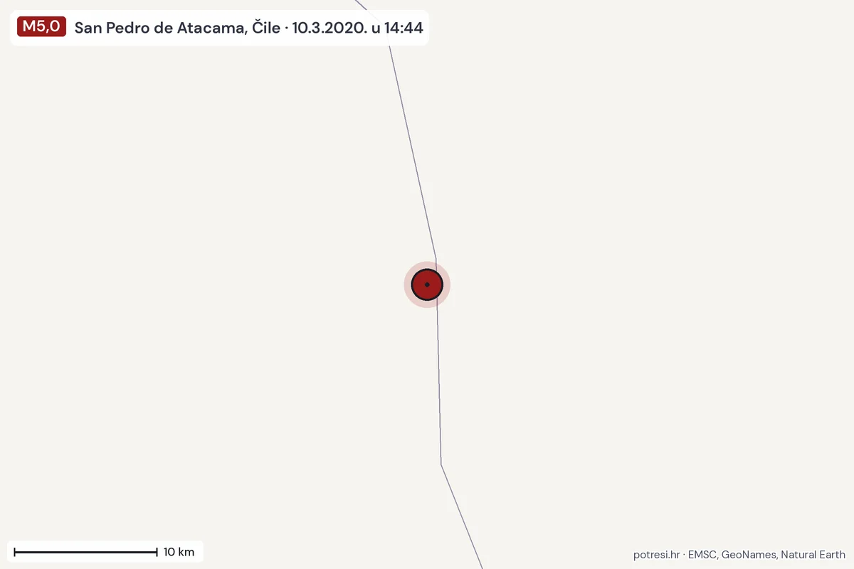 Karta: okolica epicentra, 60 km, potres M5,0, San Pedro de Atacama, Čile, 10.3.2020.