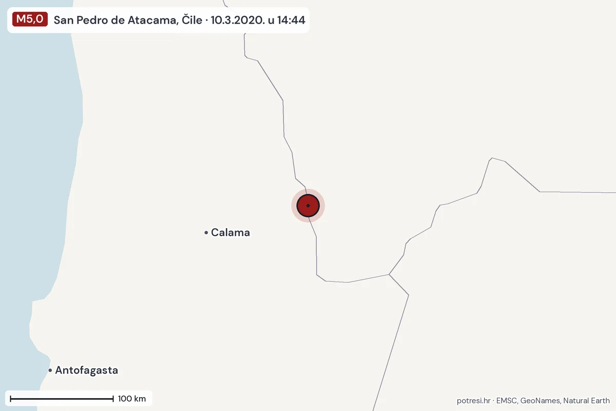 Karta: šire područje, 600 km, potres M5,0, San Pedro de Atacama, Čile, 10.3.2020.