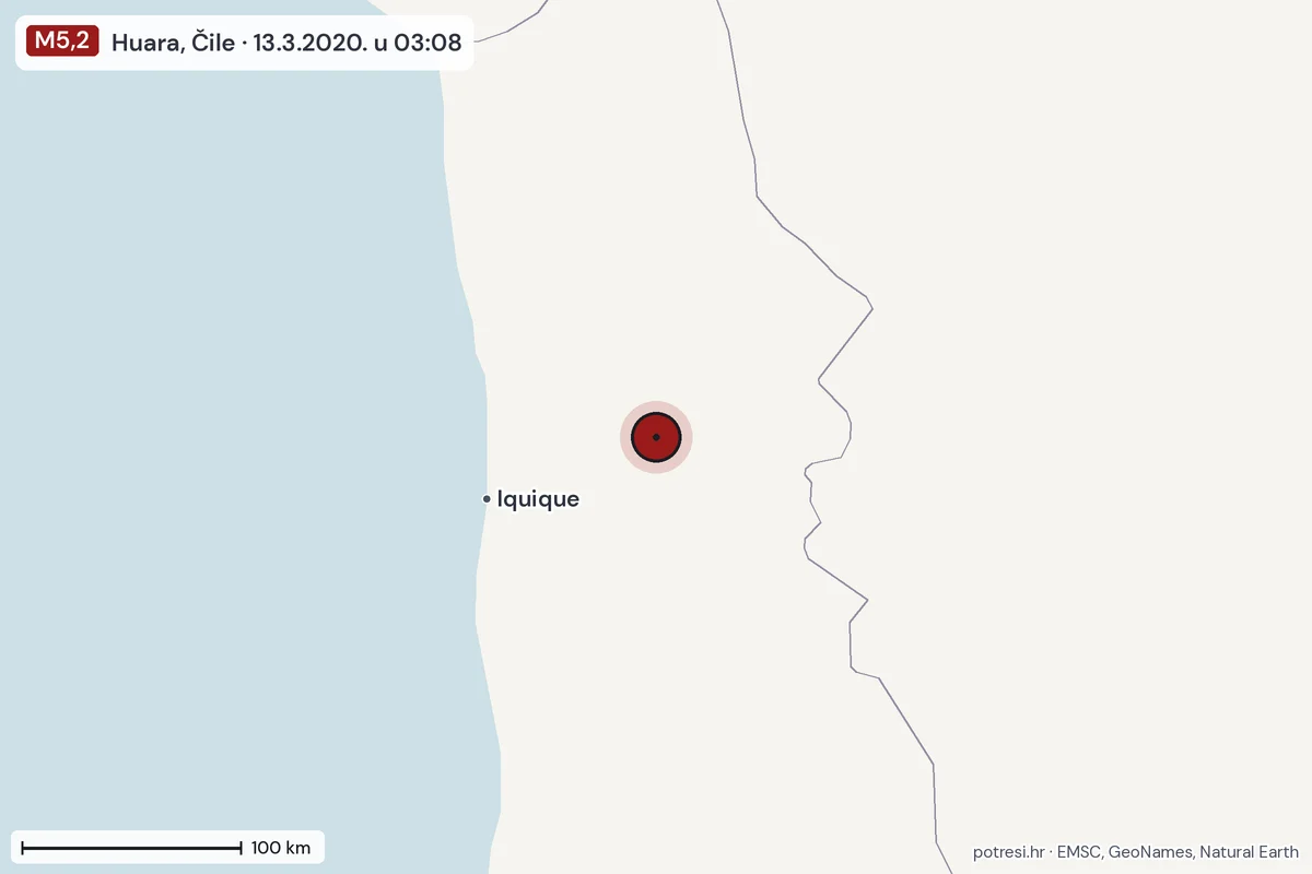 Karta: šire područje, 600 km, potres M5,2, Huara, Čile, 13.3.2020.