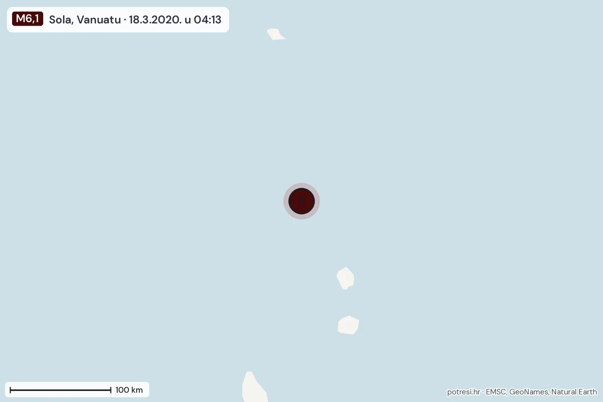 Karta: šire područje, 600 km, potres M6,1, Sola, Vanuatu, 18.3.2020.