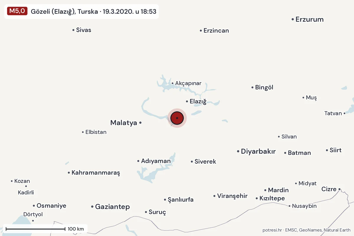 Karta: šire područje, 600 km, potres M5,0, Gözeli (Elazığ), Turska, 19.3.2020.