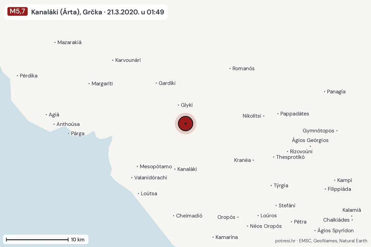 Karta: okolica epicentra, 60 km, potres M5,7, Kanaláki (Árta), Grčka, 21.3.2020.