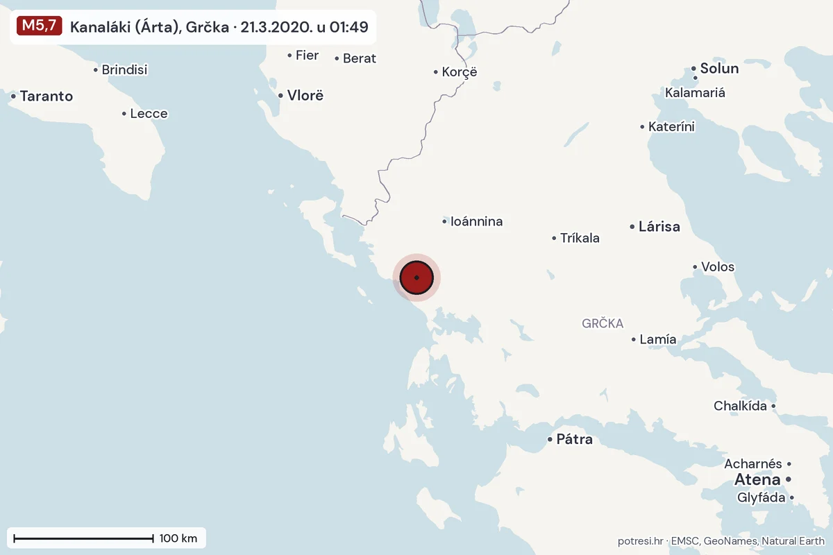 Karta: šire područje, 600 km, potres M5,7, Kanaláki (Árta), Grčka, 21.3.2020.