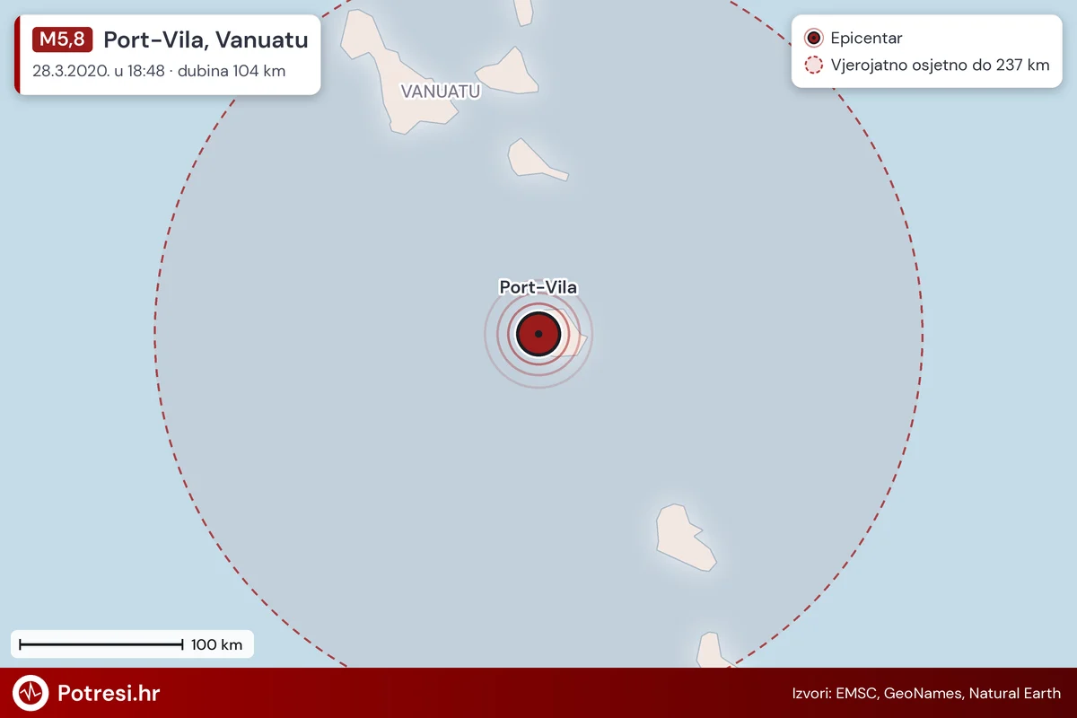 Karta: šire područje i vjerojatni doseg osjeta, potres M5,8, Port-Vila, Vanuatu, 28.3.2020.